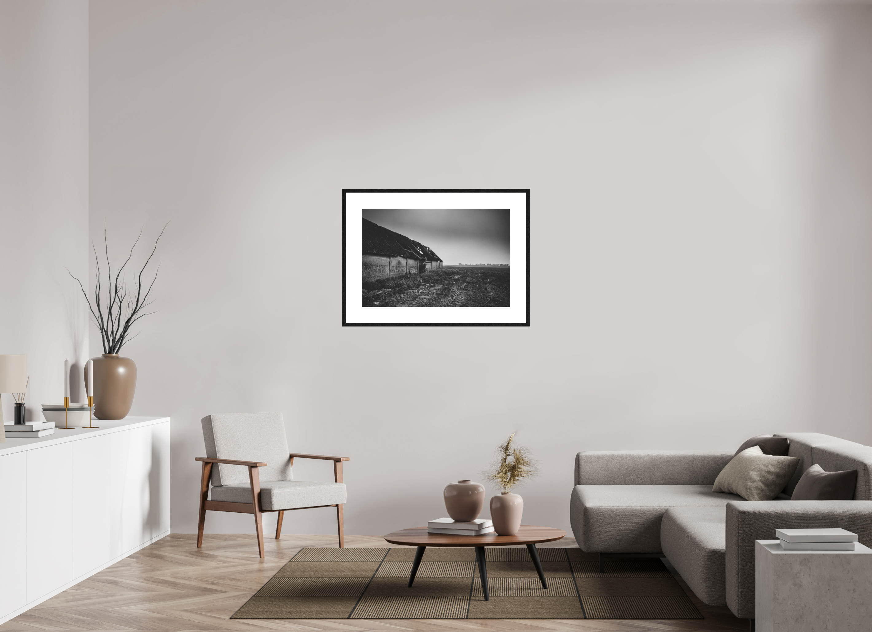 90 x 60 cm, Black thin frame PP5 BW Ilford Barn in the middle of nowhere