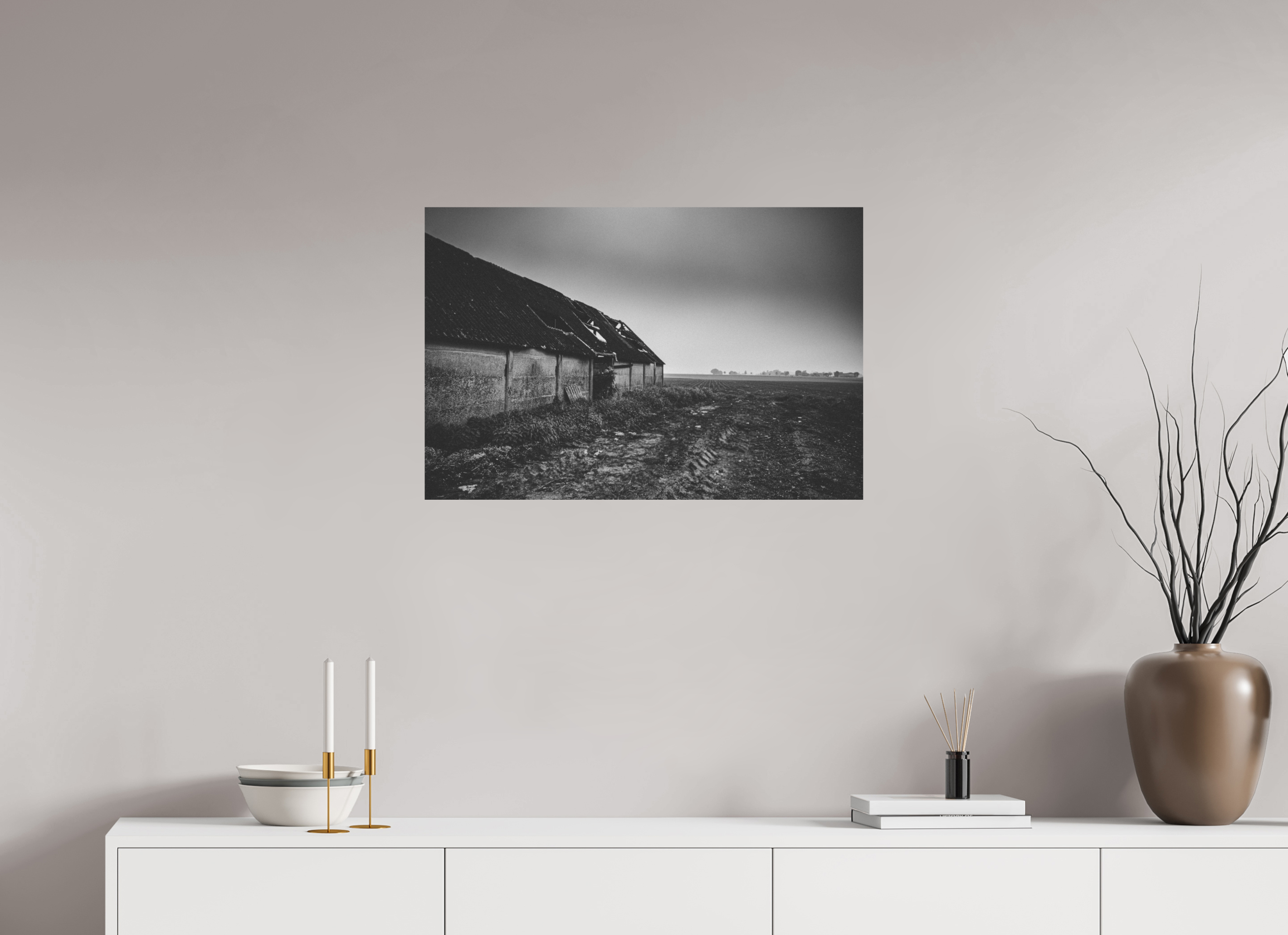 75 x 50 cm, Dibond Alu BW Mat Barn in the middle of nowhere