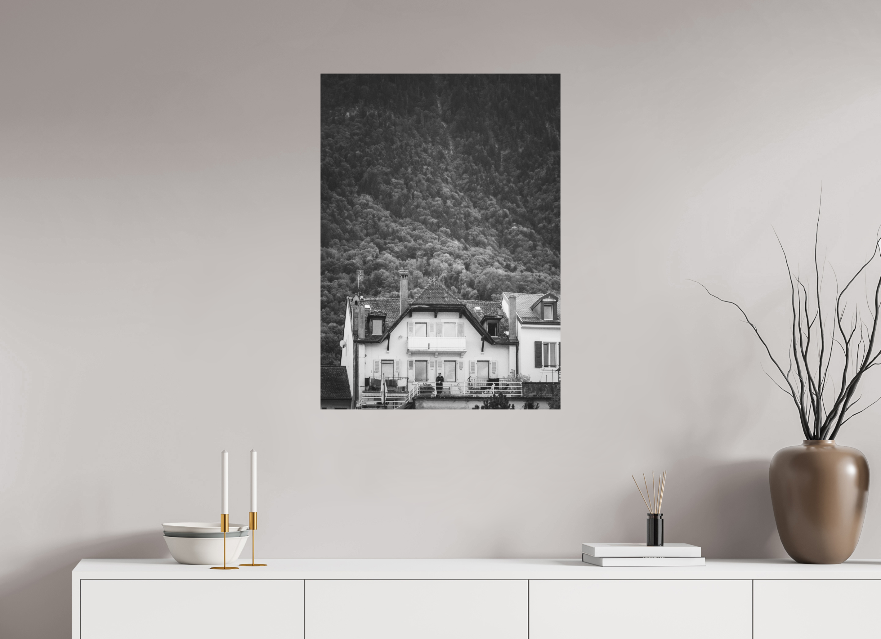 60 x 84 cm, Dibond Alu BW Mat Small house