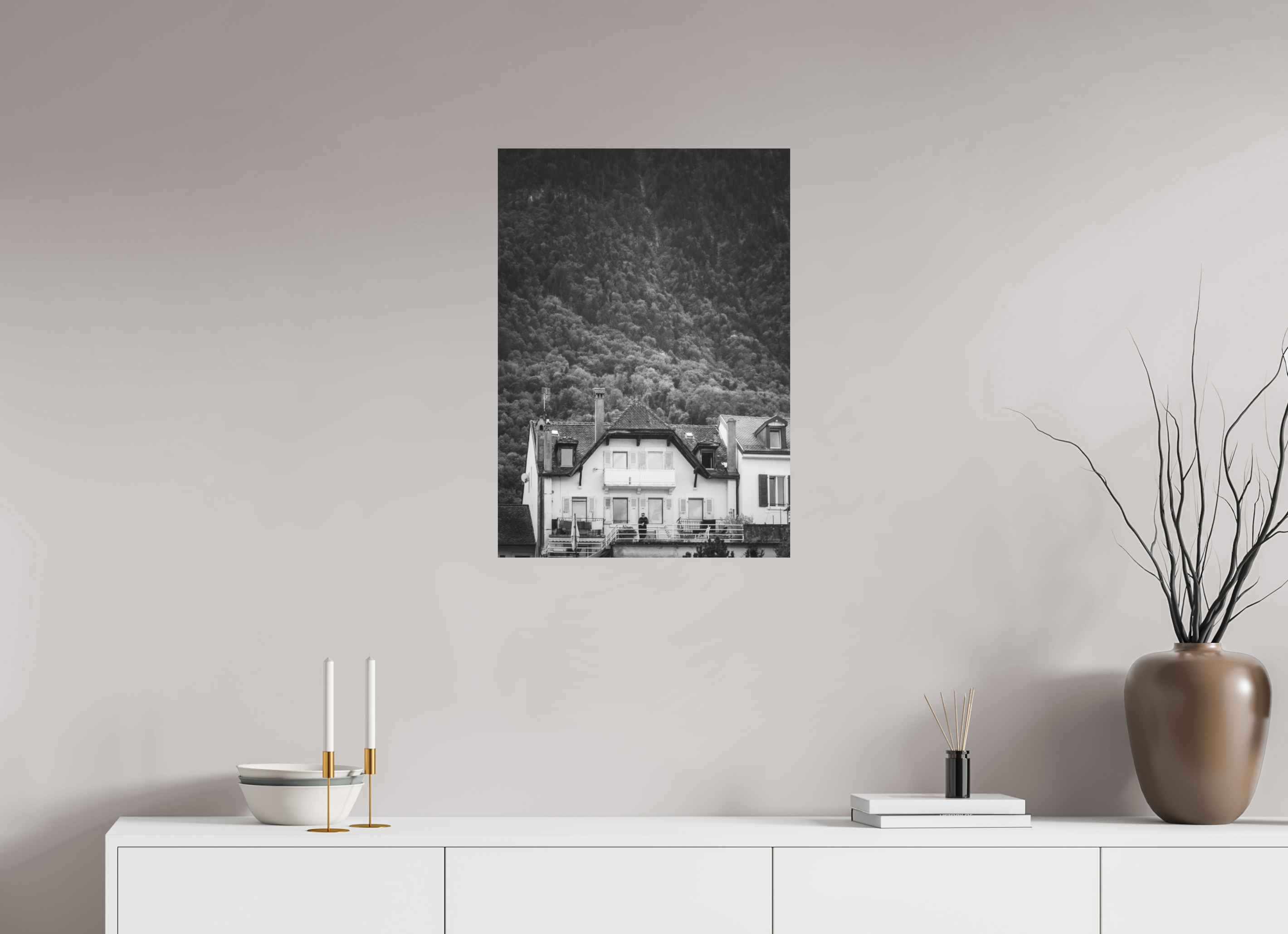 50 x 70 cm, Dibond Alu BW Mat Small house