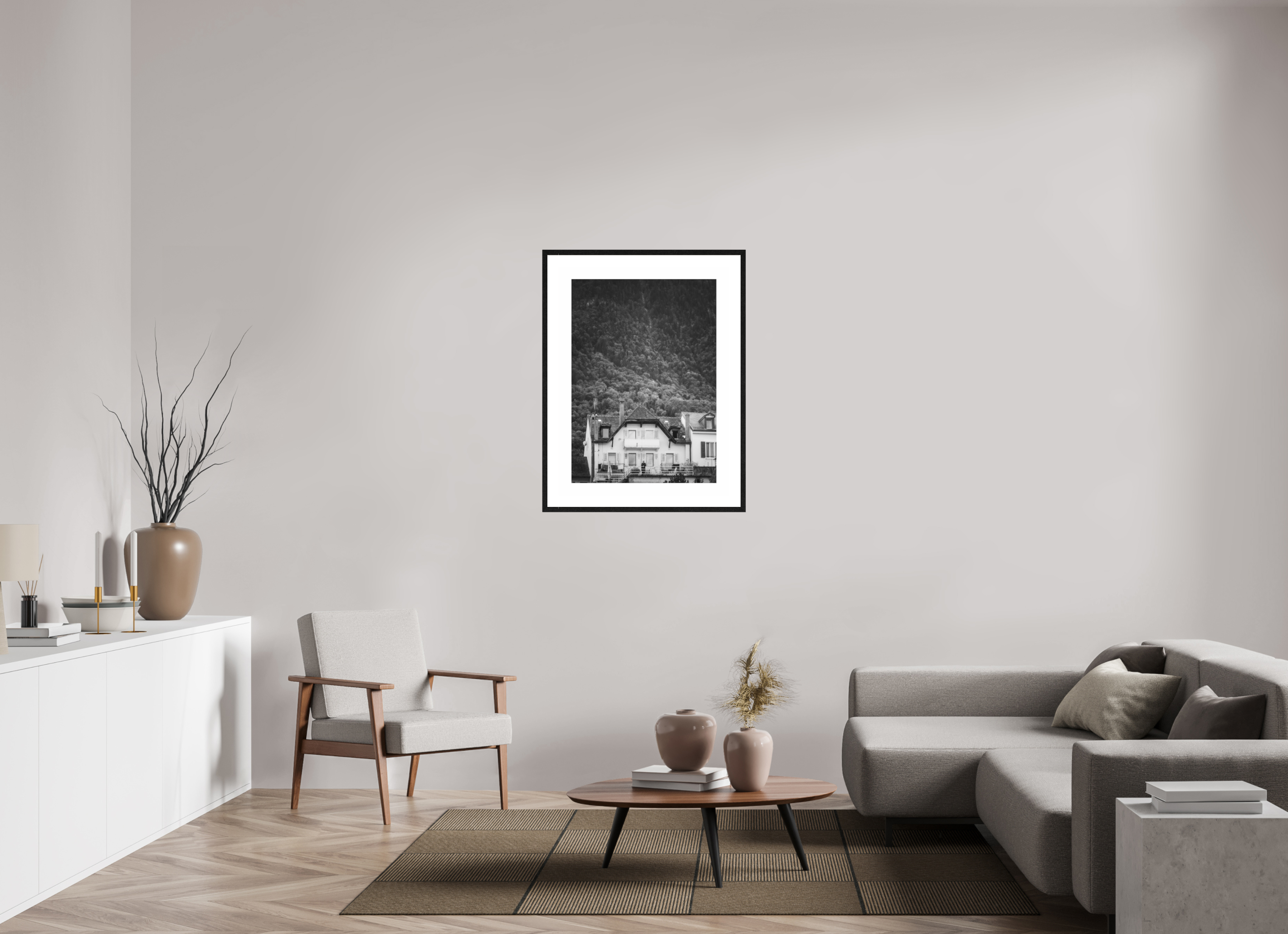 60 x 84 cm, Black thin frame PP5 BW Ilford Small house