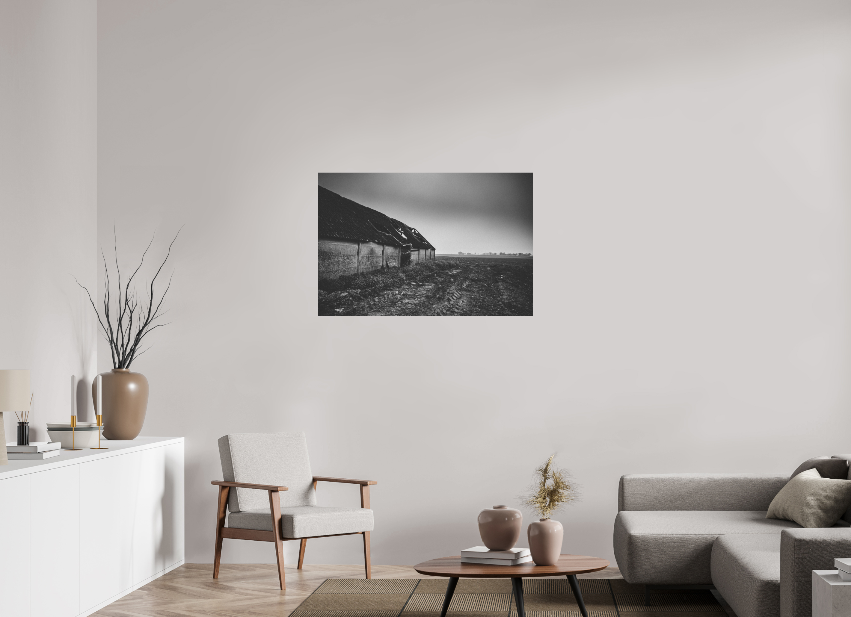 105 x 70 cm, Dibond Alu BW Mat Barn in the middle of nowhere