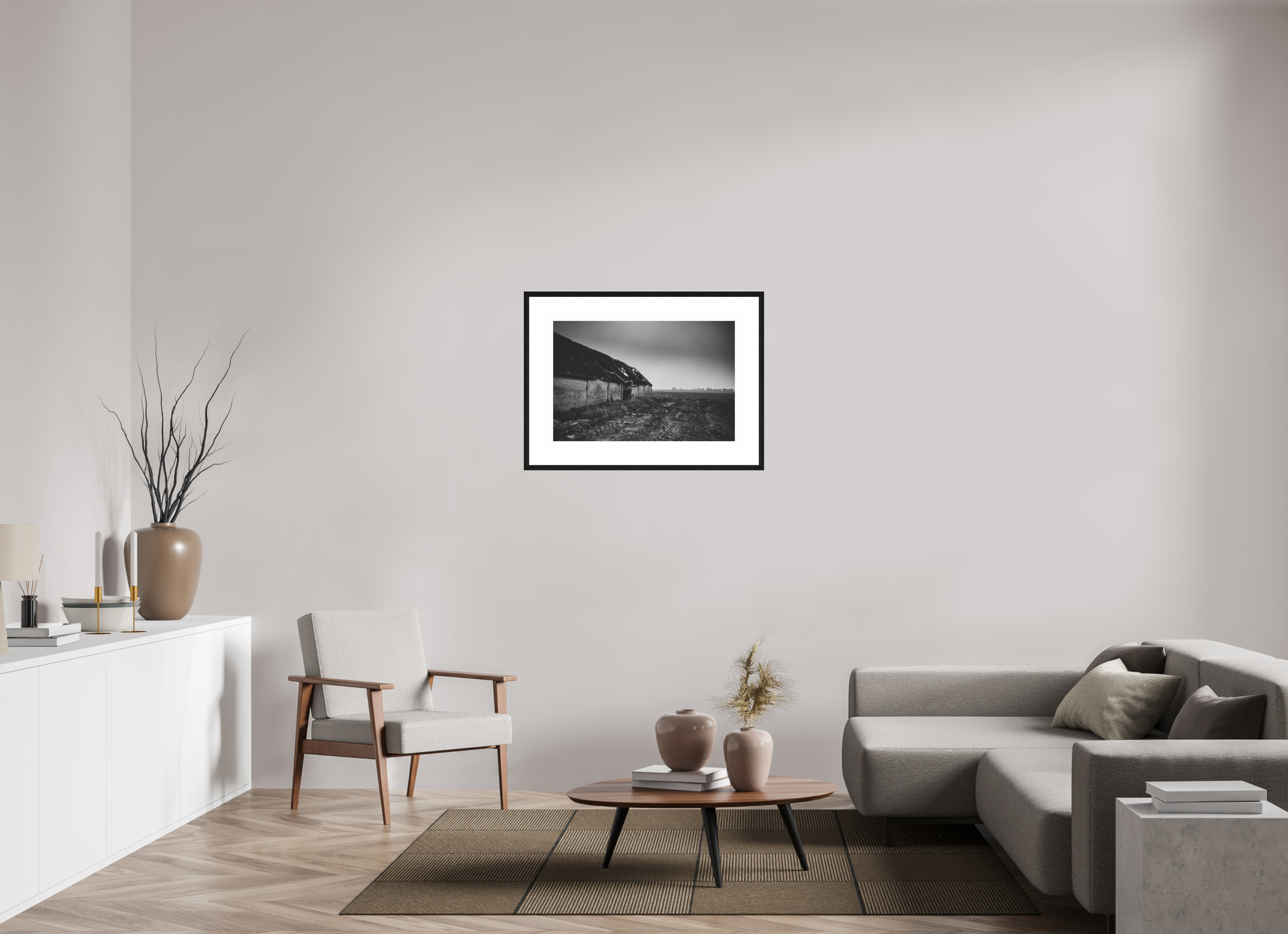 75 x 50 cm, Black thin frame PP5 BW Ilford Barn in the middle of nowhere